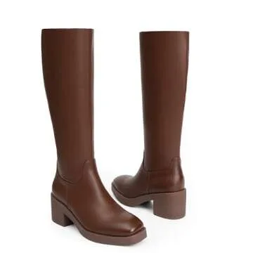 Modatope Brown Platform Boots Chunky Heel Knee High Boots for Women Square Toe Women High Heel Boots Fall Block Heel Side Zipper Boots Size 8