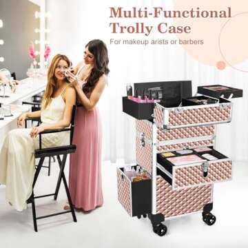 Bukumo Professional Rolling Makeup Train Case, Multi-functional Cosmetic Trolley with 360° Swivel Wheels Keys, Large Storage Traveling Cart Trunk, Cosmetic Train Cases for Nail Technicians (Gold)
