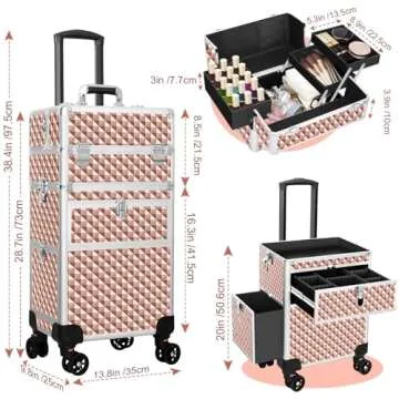Bukumo Professional Rolling Makeup Train Case, Multi-functional Cosmetic Trolley with 360° Swivel Wheels Keys, Large Storage Traveling Cart Trunk, Cosmetic Train Cases for Nail Technicians (Gold)