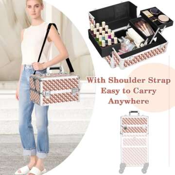 Bukumo Professional Rolling Makeup Train Case, Multi-functional Cosmetic Trolley with 360° Swivel Wheels Keys, Large Storage Traveling Cart Trunk, Cosmetic Train Cases for Nail Technicians (Gold)