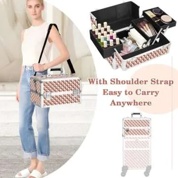 Bukumo Professional Rolling Makeup Train Case, Multi-functional Cosmetic Trolley with 360° Swivel Wheels Keys, Large Storage Traveling Cart Trunk, Cosmetic Train Cases for Nail Technicians (Gold)