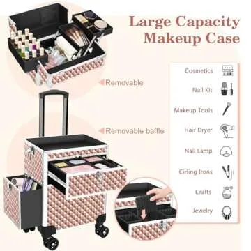 Bukumo Professional Rolling Makeup Train Case, Multi-functional Cosmetic Trolley with 360° Swivel Wheels Keys, Large Storage Traveling Cart Trunk, Cosmetic Train Cases for Nail Technicians (Gold)