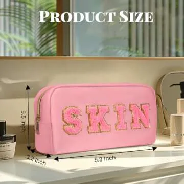 CasaCulina 2Pcs Preppy Makeup Bags Set, Varsity Chenille Letter Cosmetic Bag with Skin/Hair Patch, Portable Waterproof Nylon Zipper Toiletry Bag Travel Organizer Gifts for Women and Teen Girls