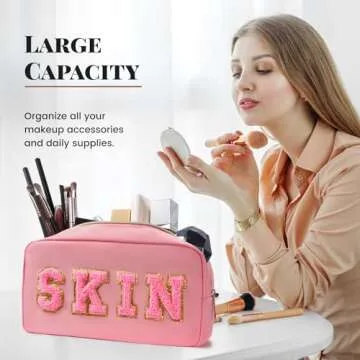 CasaCulina 2Pcs Preppy Makeup Bags Set, Varsity Chenille Letter Cosmetic Bag with Skin/Hair Patch, Portable Waterproof Nylon Zipper Toiletry Bag Travel Organizer Gifts for Women and Teen Girls