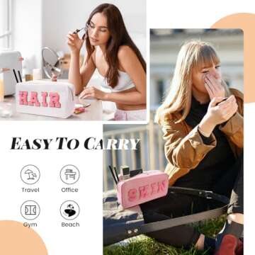 CasaCulina 2Pcs Preppy Makeup Bags Set, Varsity Chenille Letter Cosmetic Bag with Skin/Hair Patch, Portable Waterproof Nylon Zipper Toiletry Bag Travel Organizer Gifts for Women and Teen Girls