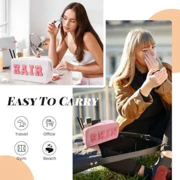 CasaCulina 2Pcs Preppy Makeup Bags Set, Varsity Chenille Letter Cosmetic Bag with Skin/Hair Patch, Portable Waterproof Nylon Zipper Toiletry Bag Travel Organizer Gifts for Women and Teen Girls
