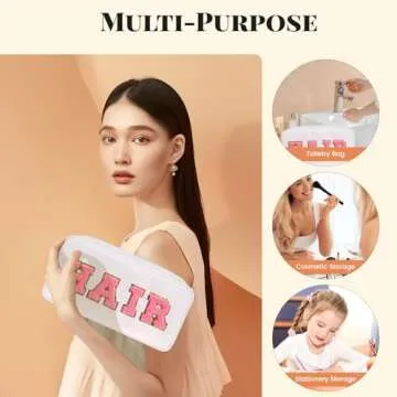 CasaCulina 2Pcs Preppy Makeup Bags Set, Varsity Chenille Letter Cosmetic Bag with Skin/Hair Patch, Portable Waterproof Nylon Zipper Toiletry Bag Travel Organizer Gifts for Women and Teen Girls