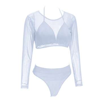 Meyeeka Womens Sexy Mesh Long Sleeve High Waist 3 Piece Bikini Swimsuit White S
