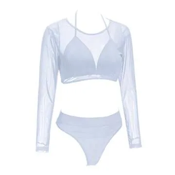 Meyeeka Womens Sexy Mesh Long Sleeve High Waist 3 Piece Bikini Swimsuit White S