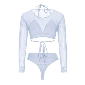 Meyeeka Womens Sexy Mesh Long Sleeve High Waist 3 Piece Bikini Swimsuit White S