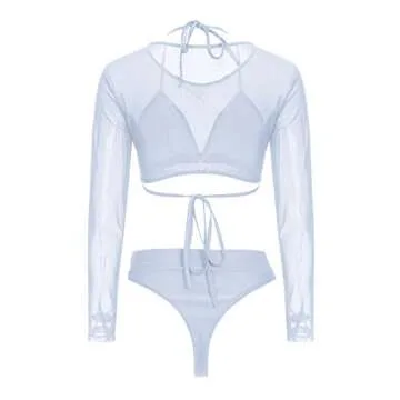 Meyeeka Womens Sexy Mesh Long Sleeve High Waist 3 Piece Bikini Swimsuit White S