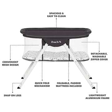 Dream On Me Poppy Traveler Portable Bassinet in Dark Grey, Lightweight, Spacious and Convenient Mesh Design, JPMA Certified, Easy to Clean and Fold Baby Bassinet - Carry Bag Included