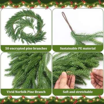 Norfolk Pine Garland, Realistic Christmas Garland, Dense Real Touch Norfolk Pine Garland Faux Cedar Garland Artificial Realistic Greenery Christmas Garland for Mantle Fireplace Table Wall