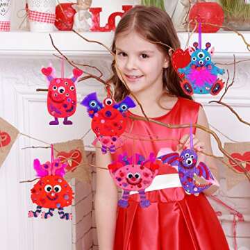 36 Sets Valentine's Day Craft Kits DIY Valentine Monster Wood Ornaments Decorations Art Sets Assorted Paintable Unfinished Wood Monster Cutouts Pom-Poms Googly Eyes for Kids Valentine Party Activity
