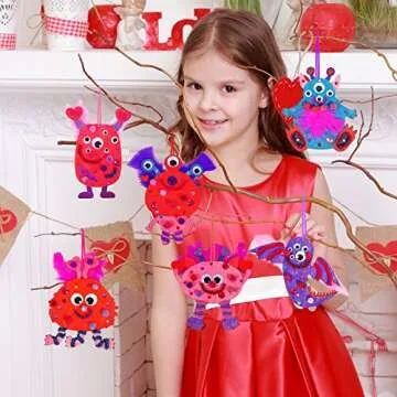 36 Sets Valentine's Day Craft Kits DIY Valentine Monster Wood Ornaments Decorations Art Sets Assorted Paintable Unfinished Wood Monster Cutouts Pom-Poms Googly Eyes for Kids Valentine Party Activity