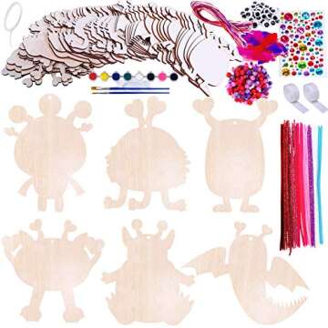 36 Sets Valentine's Day Craft Kits DIY Valentine Monster Wood Ornaments Decorations Art Sets Assorted Paintable Unfinished Wood Monster Cutouts Pom-Poms Googly Eyes for Kids Valentine Party Activity