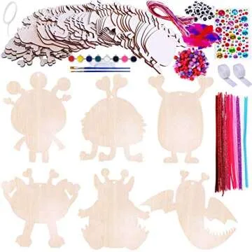 36 Sets Valentine's Day Craft Kits DIY Valentine Monster Wood Ornaments Decorations Art Sets Assorted Paintable Unfinished Wood Monster Cutouts Pom-Poms Googly Eyes for Kids Valentine Party Activity