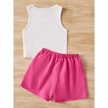 OYOANGLE Girl's Two Piece Athletic Outfits Letter Graphic Print Sleeveless Tank Top and Shorts Set Pink and White 10Y