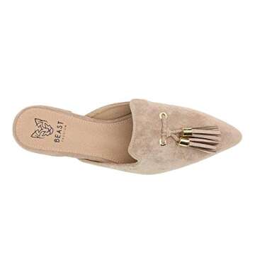 Beast Fashion Mules Women Shoes | Women's Pointed Toe Flat Slip On Tassels Flat Loafer Mules | Flat Pointed Toe Shoes for Women | Stylish Design Slides for Women | Flats Shoes Women | Taupe 6.5