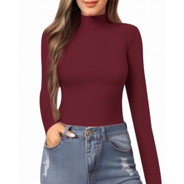 MANGOPOP Women's Mock Turtle Neck Slim Fit Tee in Burgundy