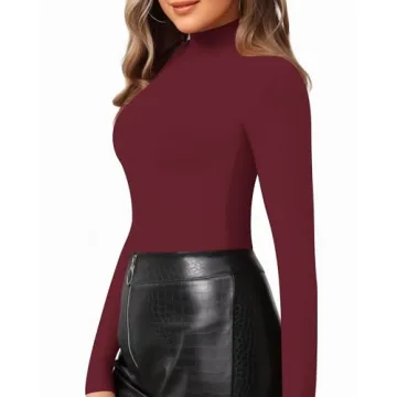 MANGOPOP Women's Mock Turtle Neck Slim Fit Tee in Burgundy