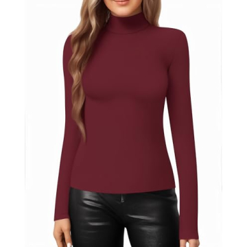 MANGOPOP Women's Mock Turtle Neck Slim Fit Tee in Burgundy