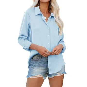 siliteelon Womens Button Down Shirts Solid Dress Shirts Long Sleeve Flowy Collared Work Office Busin...