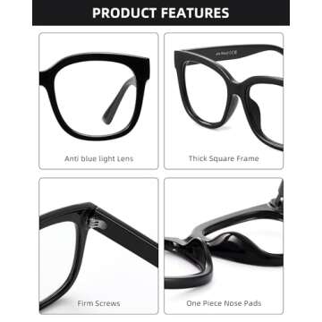 JIM HALO Oversized Blue Light Glasses for Women Square Chunky Bluelight Computer Glasses Reduce Eye Strain Black
