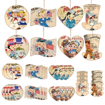 24Pcs Veterans Day Decorations-Vintage Patriotic Wood Ornaments Wood Hanging Ornaments for Tree Vete...