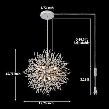 HOXIYA Modern Crystal Chandeliers Firework, Plug in Dandelion Chandelier, Chrome Sputnik Pendant Lig...