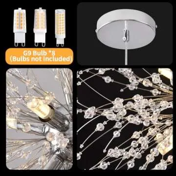 HOXIYA Modern Crystal Chandeliers Firework, Plug in Dandelion Chandelier, Chrome Sputnik Pendant Light for Bedroom Foyer Hallway Entryway Kitchen, 8 Light Firework Dandelion Chandelier, G9 Socket