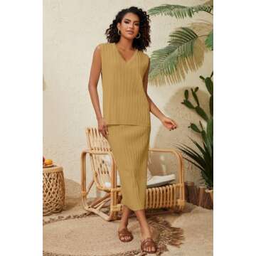 Dsewpaur Women Two Piece Rib Knit Skirt Lounge Set Sleeveless V Neck Tank Top Sweater Vest Maxi Long Skirt Matching Outfits, Medium, Lemonyellow