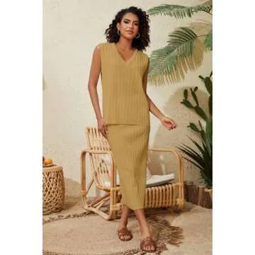 Dsewpaur Women Two Piece Rib Knit Skirt Lounge Set Sleeveless V Neck Tank Top Sweater Vest Maxi Long Skirt Matching Outfits, Medium, Lemonyellow