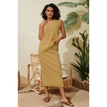 Dsewpaur Women Two Piece Rib Knit Skirt Lounge Set Sleeveless V Neck Tank Top Sweater Vest Maxi Long Skirt Matching Outfits, Medium, Lemonyellow