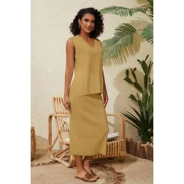 Dsewpaur Women Two Piece Rib Knit Skirt Lounge Set Sleeveless V Neck Tank Top Sweater Vest Maxi Long Skirt Matching Outfits, Medium, Lemonyellow