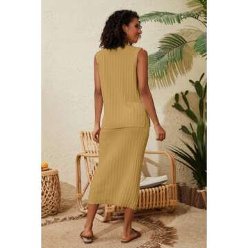 Dsewpaur Women Two Piece Rib Knit Skirt Lounge Set Sleeveless V Neck Tank Top Sweater Vest Maxi Long Skirt Matching Outfits, Medium, Lemonyellow
