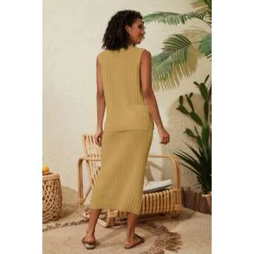 Dsewpaur Women Two Piece Rib Knit Skirt Lounge Set Sleeveless V Neck Tank Top Sweater Vest Maxi Long Skirt Matching Outfits, Medium, Lemonyellow