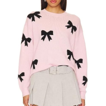 Women Pink Bow Knot Print Sweater Long Sleeve Ribbed Knit Pullover Top Crewneck Cute Knitwear Jumper...