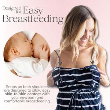 Baby Be Mine Labor and Delivery Gown for Hospital – 3-in-1 Labor/Delivery/Nursing Gown – Maternity Sleepwear(S/M, Navy Stripe)