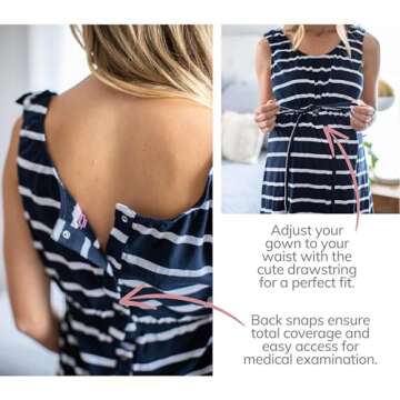 Baby Be Mine Labor and Delivery Gown for Hospital – 3-in-1 Labor/Delivery/Nursing Gown – Maternity Sleepwear(S/M, Navy Stripe)