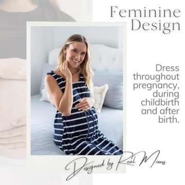 Baby Be Mine Labor and Delivery Gown for Hospital – 3-in-1 Labor/Delivery/Nursing Gown – Maternity Sleepwear(S/M, Navy Stripe)