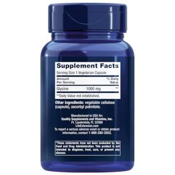 Life Extension Glycine, 1000 mg, Amino Acid That Promotes Healthy Sleep, Gluten-Free, Non-GMO, Vegetarian, 100 Capsules