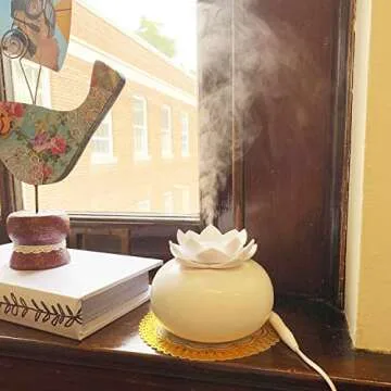 Ceramic Essential Oil Diffuser,Personal Humidifiers Small for Office Desk,EEssen Cute Lotus USB Cool Mist Humidifier Ultrasonic,7 Colors LED Light Auto Shut-Off(White)