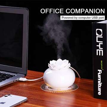 Ceramic Essential Oil Diffuser,Personal Humidifiers Small for Office Desk,EEssen Cute Lotus USB Cool Mist Humidifier Ultrasonic,7 Colors LED Light Auto Shut-Off(White)