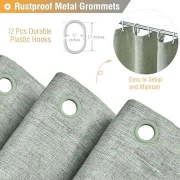 BTTN Sage Green Shower Curtain, Linen Textured Heavy Duty Thick Fabric Shower Curtain Set with 12 Plastic Hooks, Rust Resistant, Machine Washable, Hotel Spa Luxury Curtains for Bathroom Showers, 72x72