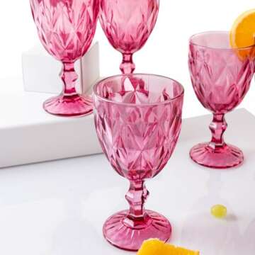 Vintage Wine Glasses Set of 6, Plastic Reusable 12 Ounce Colored Water Goblets, Unique Embossed Patt...