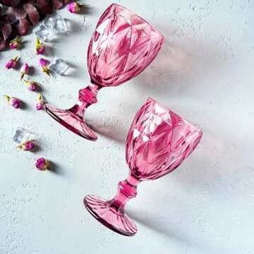 Vintage Wine Glasses Set of 6, Plastic Reusable 12 Ounce Colored Water Goblets, Unique Embossed Pattern Unbreakable Stemmed Wine Glasses High Clear Wedding Party Bar Drinking Cups Pink