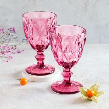 Vintage Wine Glasses Set of 6, Plastic Reusable 12 Ounce Colored Water Goblets, Unique Embossed Pattern Unbreakable Stemmed Wine Glasses High Clear Wedding Party Bar Drinking Cups Pink