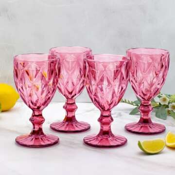 Vintage Wine Glasses Set of 6, Plastic Reusable 12 Ounce Colored Water Goblets, Unique Embossed Pattern Unbreakable Stemmed Wine Glasses High Clear Wedding Party Bar Drinking Cups Pink