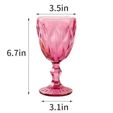 Vintage Wine Glasses Set of 6, Plastic Reusable 12 Ounce Colored Water Goblets, Unique Embossed Pattern Unbreakable Stemmed Wine Glasses High Clear Wedding Party Bar Drinking Cups Pink